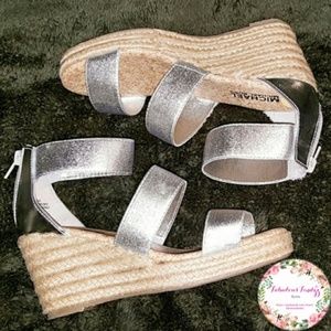 Michael Kors Mabelle Silver Fabric Wedge Sandals